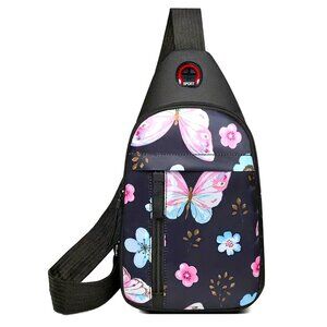 Black Butterfly Crossbody Sling Bag Backpack Headphone Jack Adjustable Purse